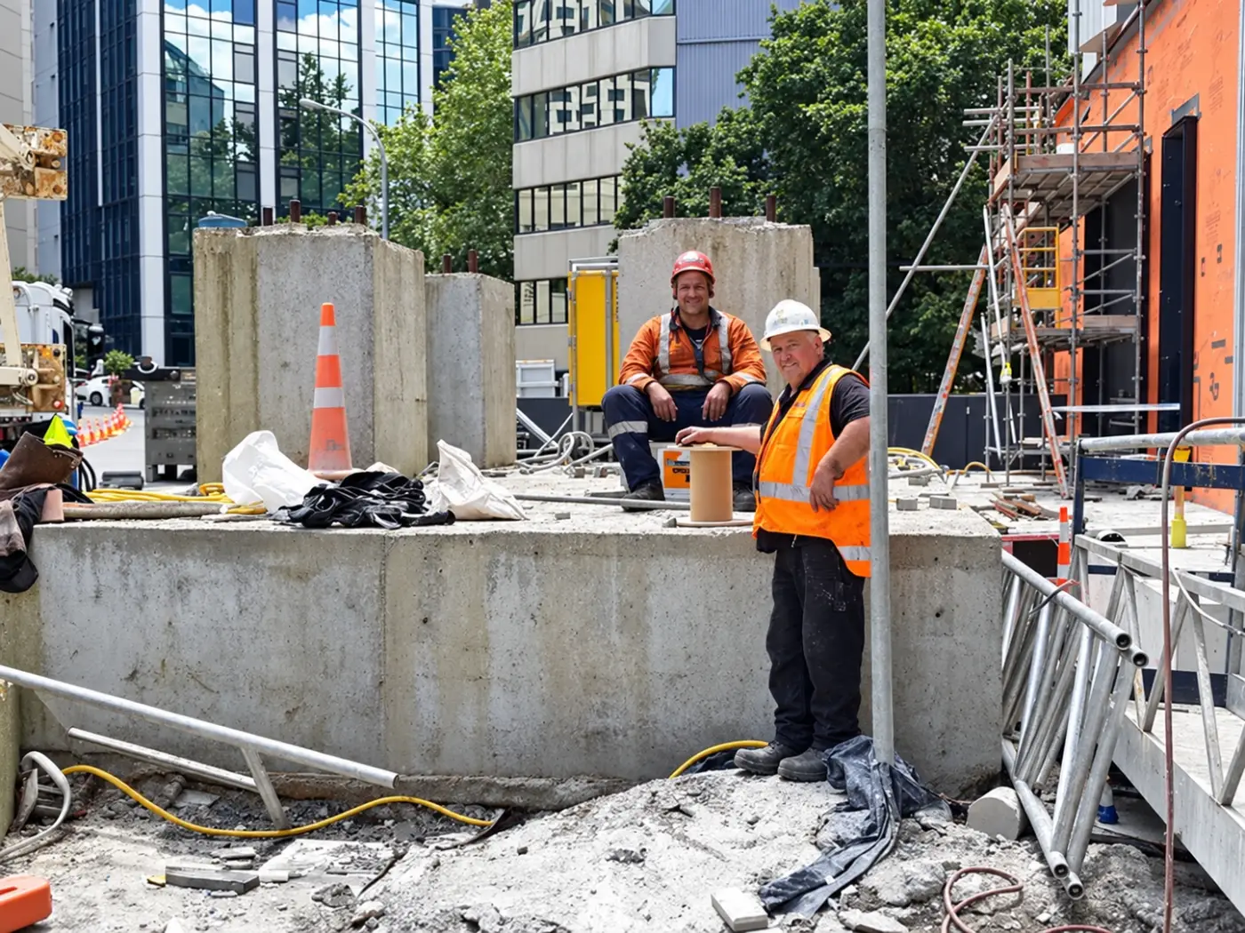 Two workers in hi-vis on a city construction site beside concrete blocks.