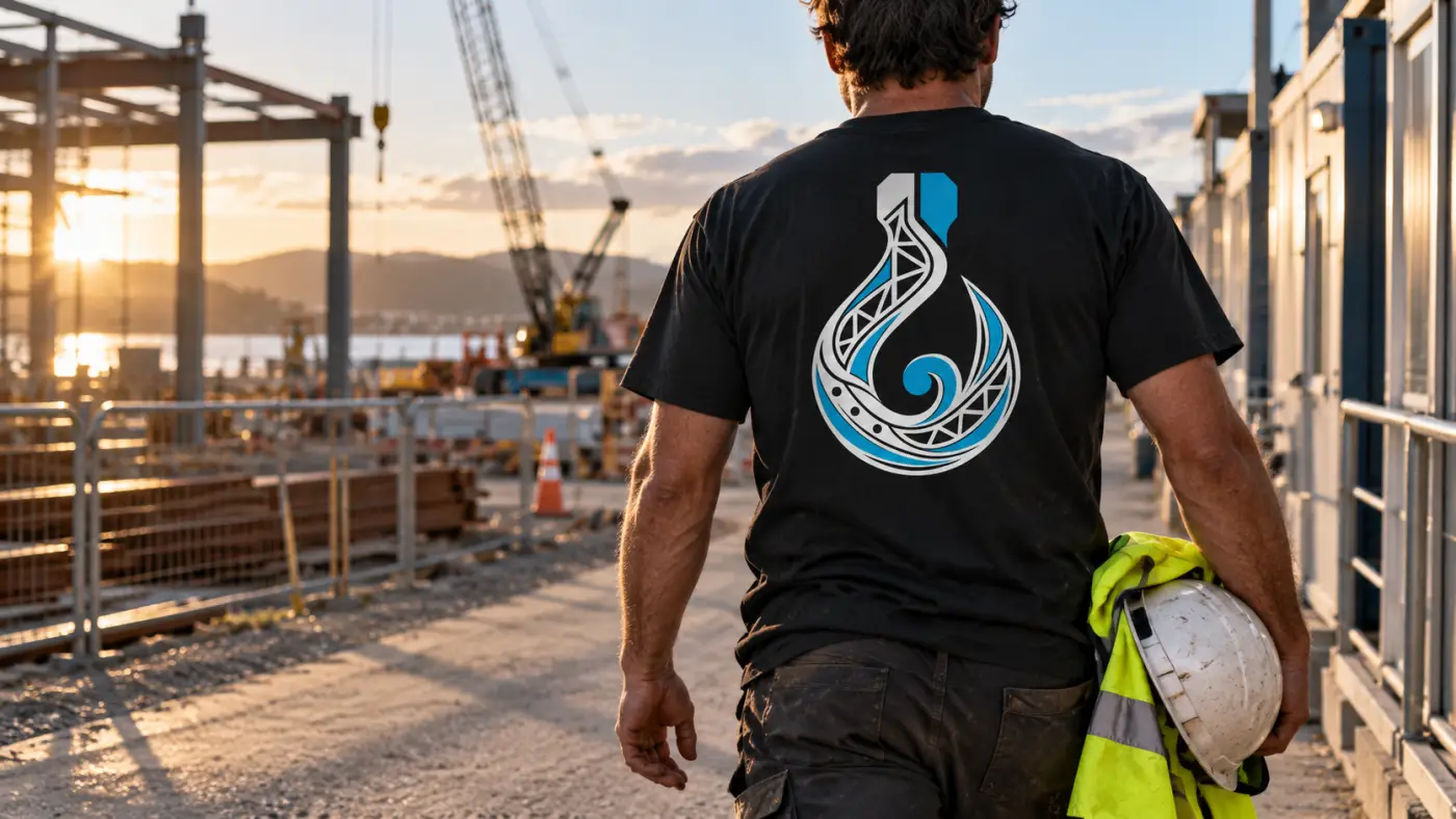 A rigger in a hook-print T-shirt walking across a site with his hard hat and hi-vis in hand.