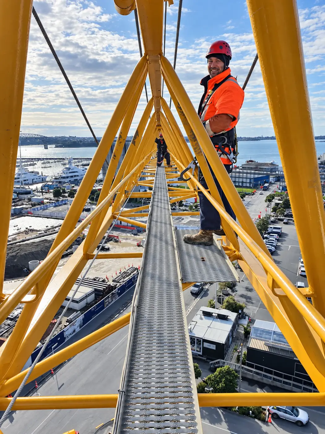 Looking along a yellow crane jib to a rigger at its tip, Auckland Harbour below.