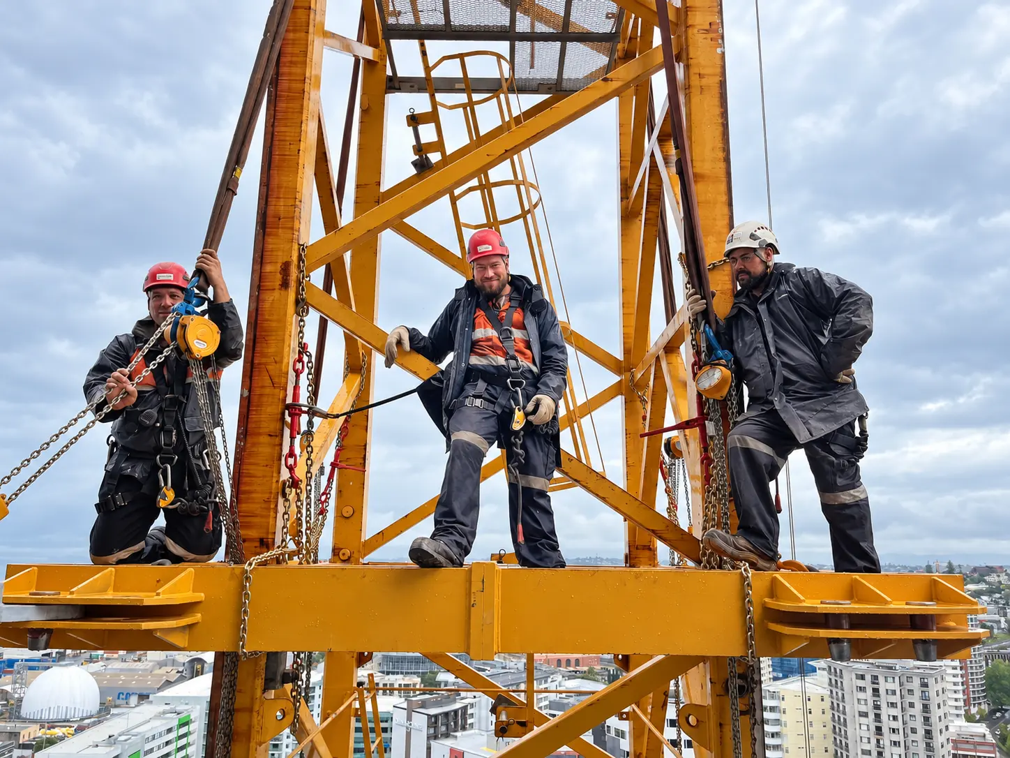 Three riggers in harnesses and hard hats standing on a yellow tower crane section high above the city.